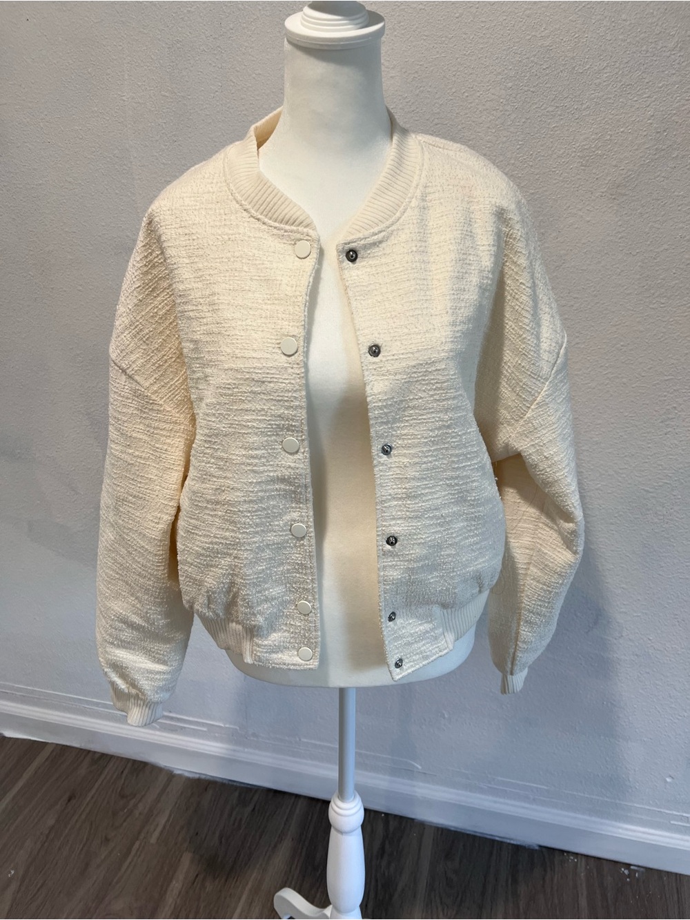 Cream Knit Button-Front Bomber Jacket